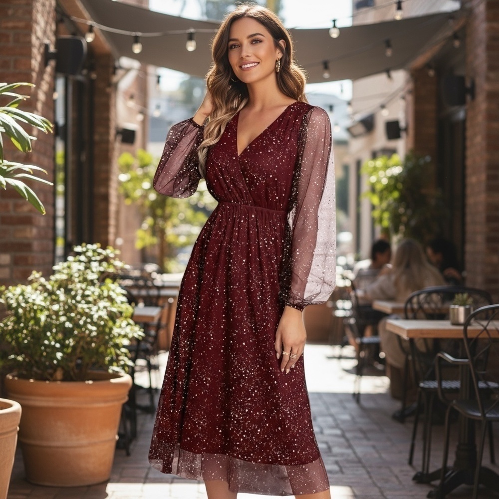 Women’s Shiny Mesh Lantern Sleeve Dress